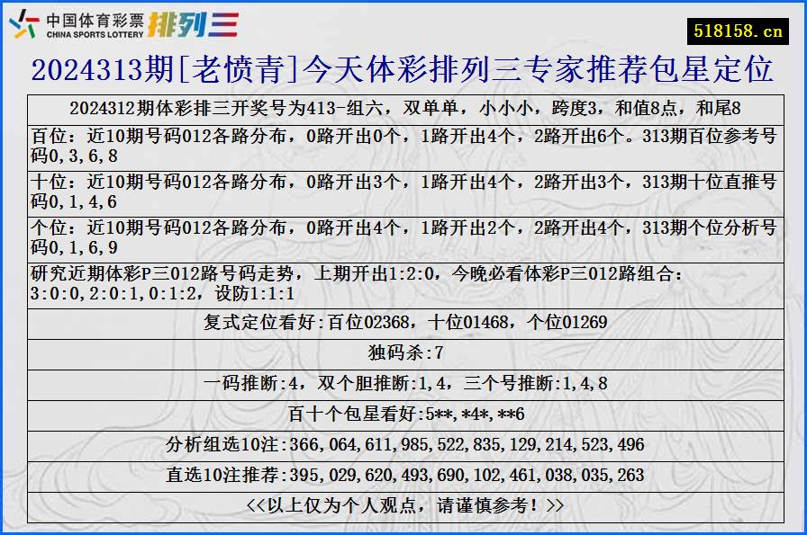 2024313期[老愤青]今天体彩排列三专家推荐包星定位