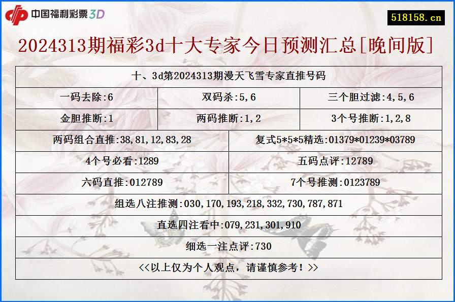 十、3d第2024313期漫天飞雪专家直推号码