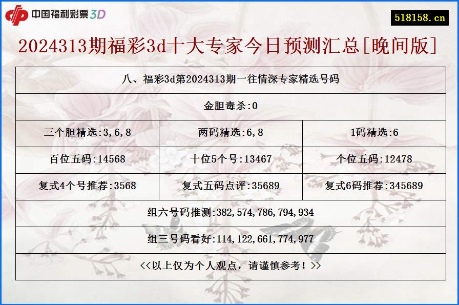 八、福彩3d第2024313期一往情深专家精选号码