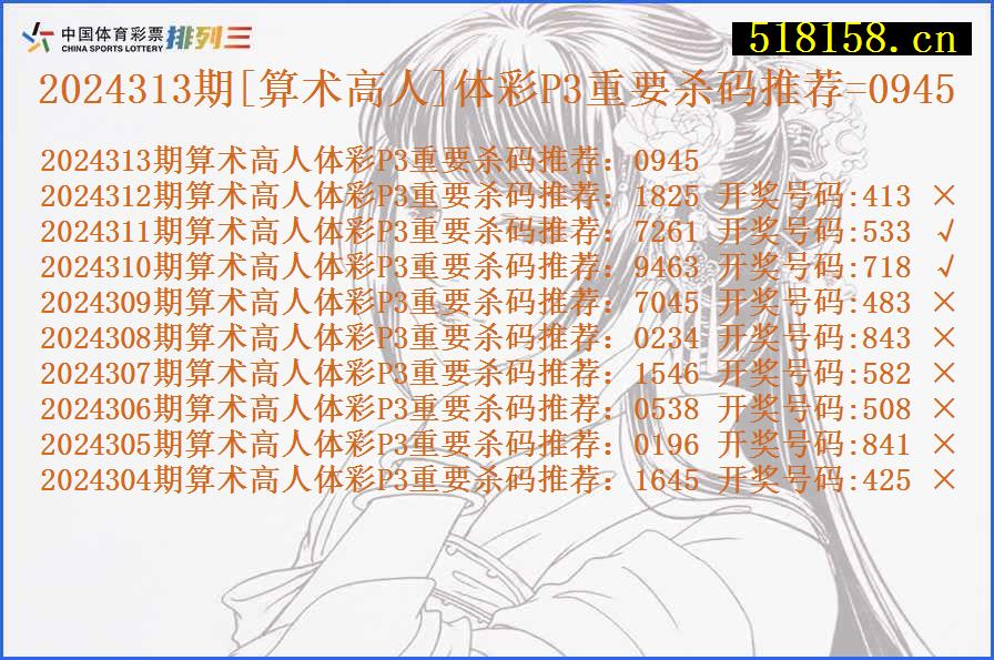 2024313期[算术高人]体彩P3重要杀码推荐=0945