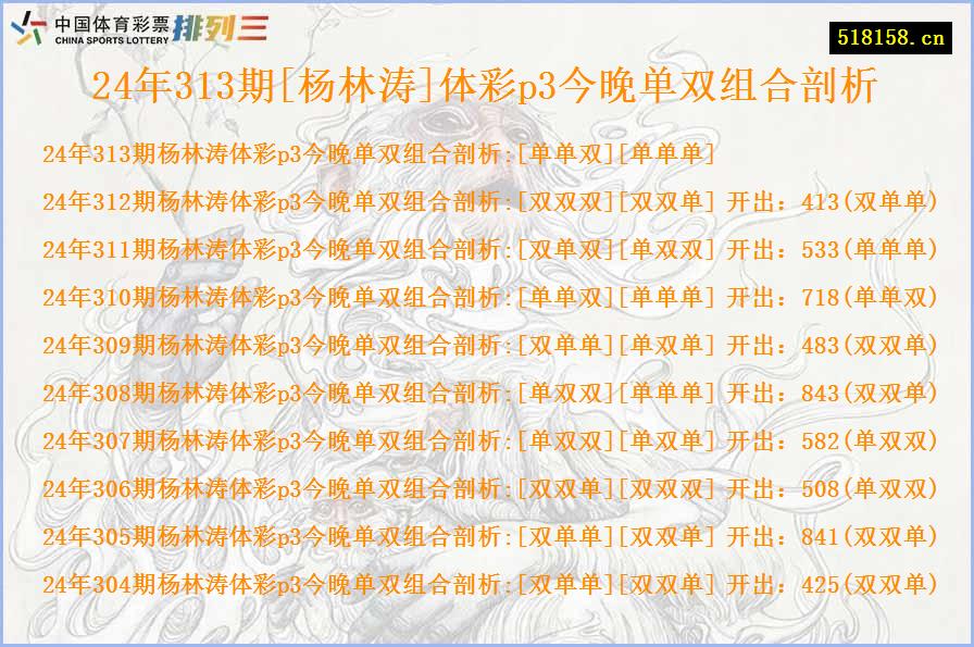 24年313期[杨林涛]体彩p3今晚单双组合剖析