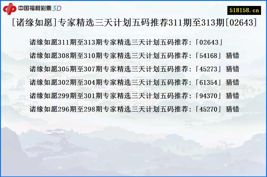 [诸缘如愿]专家精选三天计划五码推荐311期至313期[02643]