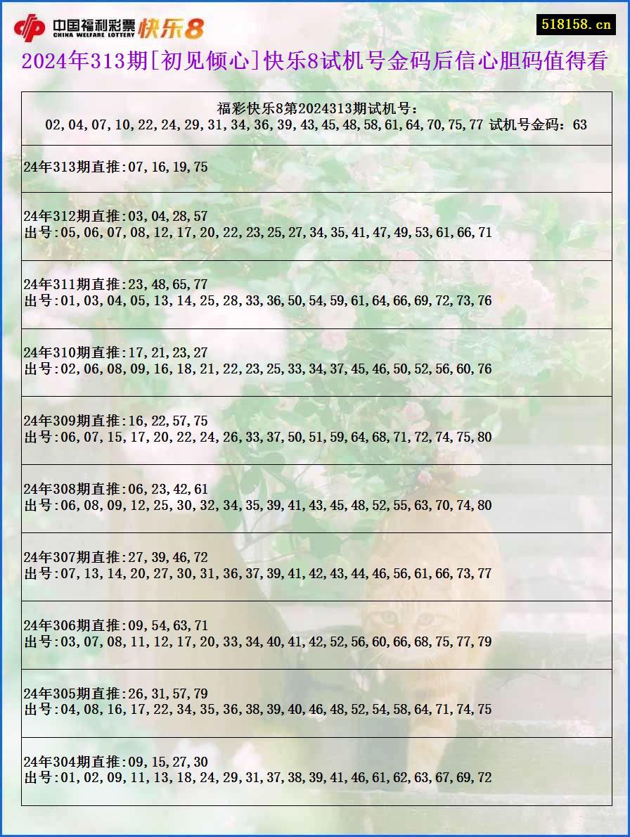 2024年313期[初见倾心]快乐8试机号金码后信心胆码值得看