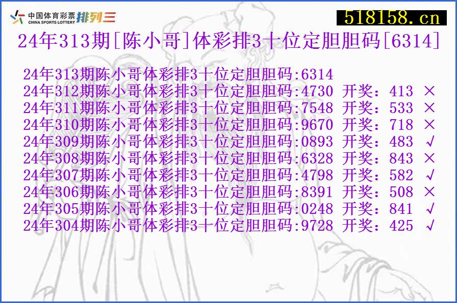 24年313期[陈小哥]体彩排3十位定胆胆码[6314]