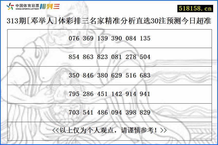 313期[邓举人]体彩排三名家精准分析直选30注预测今日超准