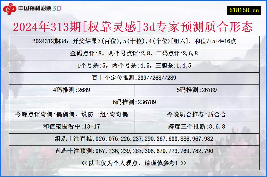 2024年313期[权靠灵感]3d专家预测质合形态