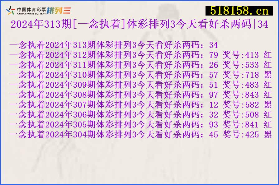 2024年313期[一念执着]体彩排列3今天看好杀两码|34