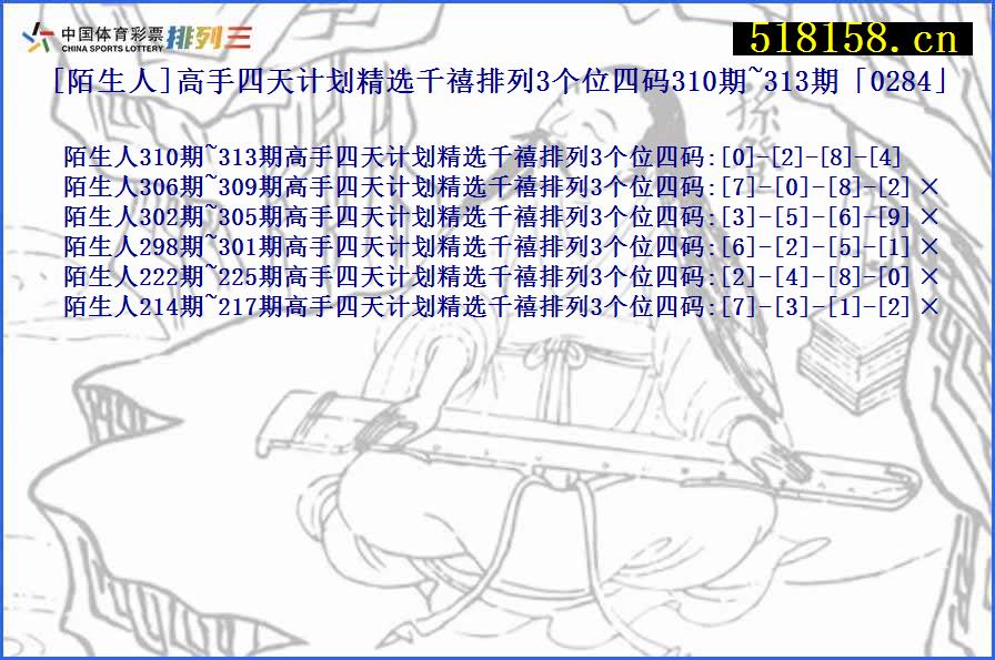 [陌生人]高手四天计划精选千禧排列3个位四码310期~313期「0284」