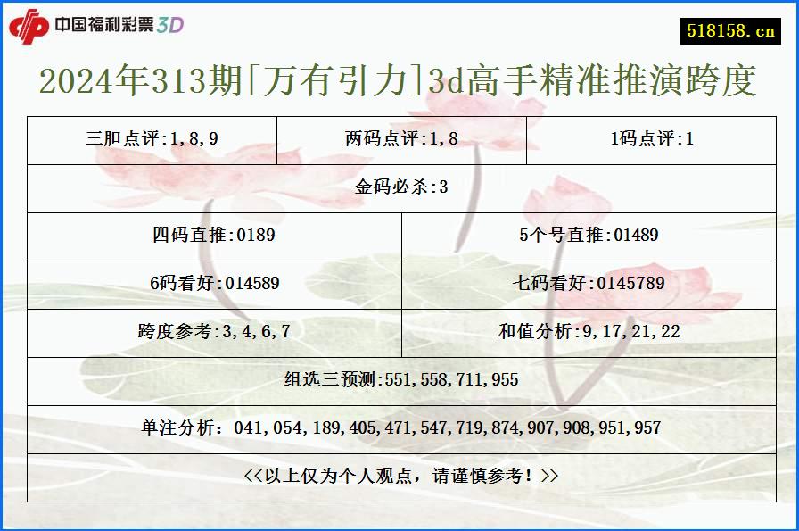 2024年313期[万有引力]3d高手精准推演跨度