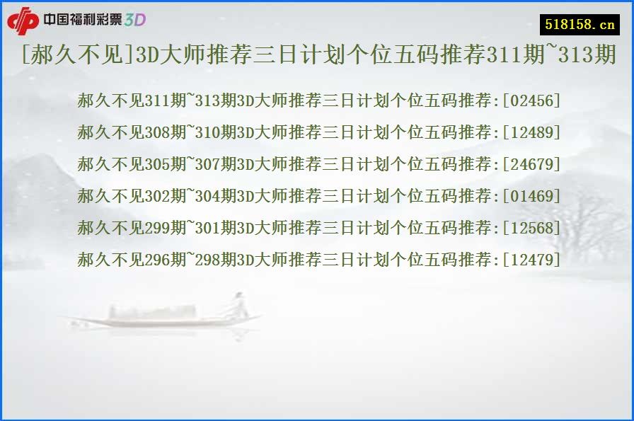 [郝久不见]3D大师推荐三日计划个位五码推荐311期~313期