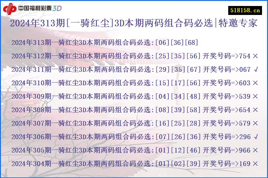 2024年313期[一骑红尘]3D本期两码组合码必选|特邀专家