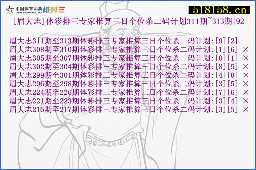 [眉大志]体彩排三专家推算三日个位杀二码计划311期~313期|92