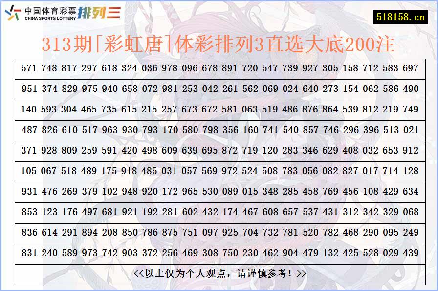 313期[彩虹唐]体彩排列3直选大底200注