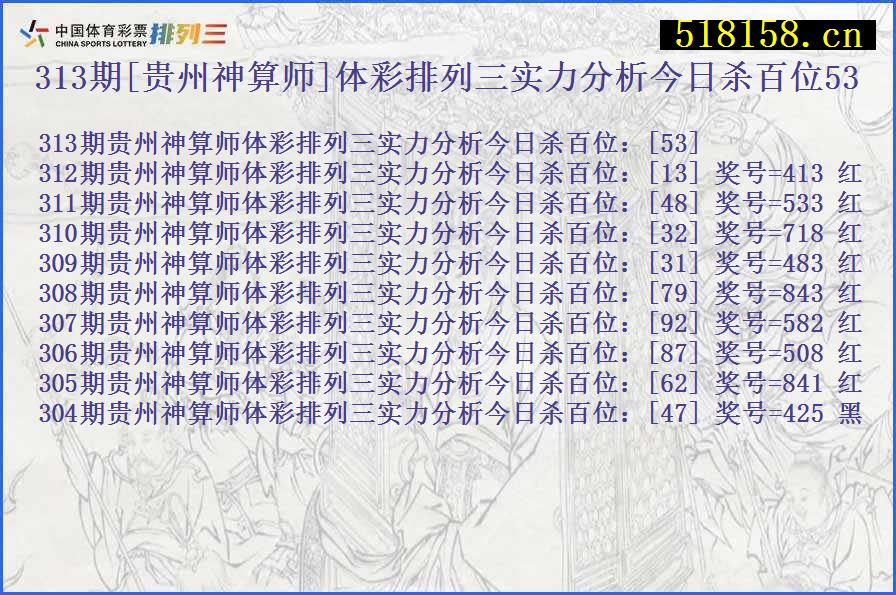 313期[贵州神算师]体彩排列三实力分析今日杀百位53