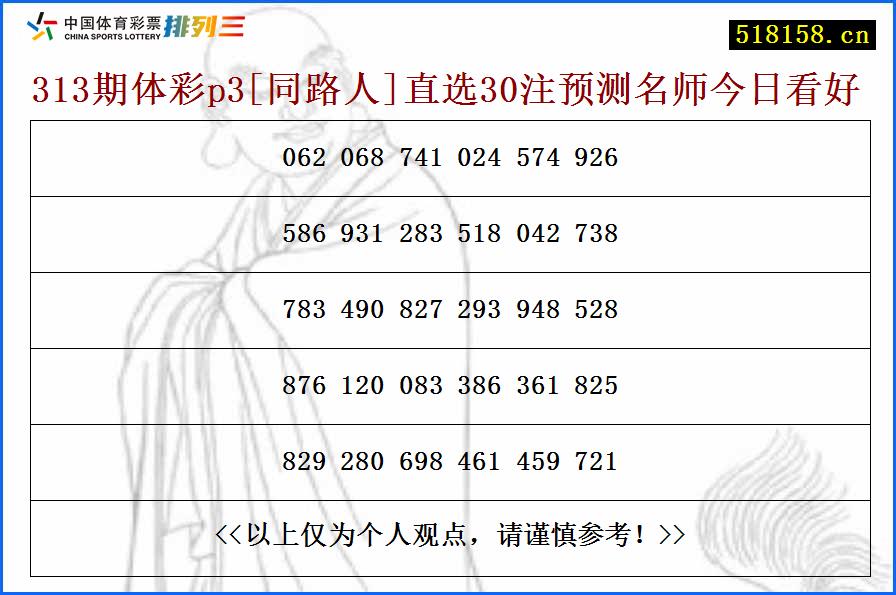 313期体彩p3[同路人]直选30注预测名师今日看好