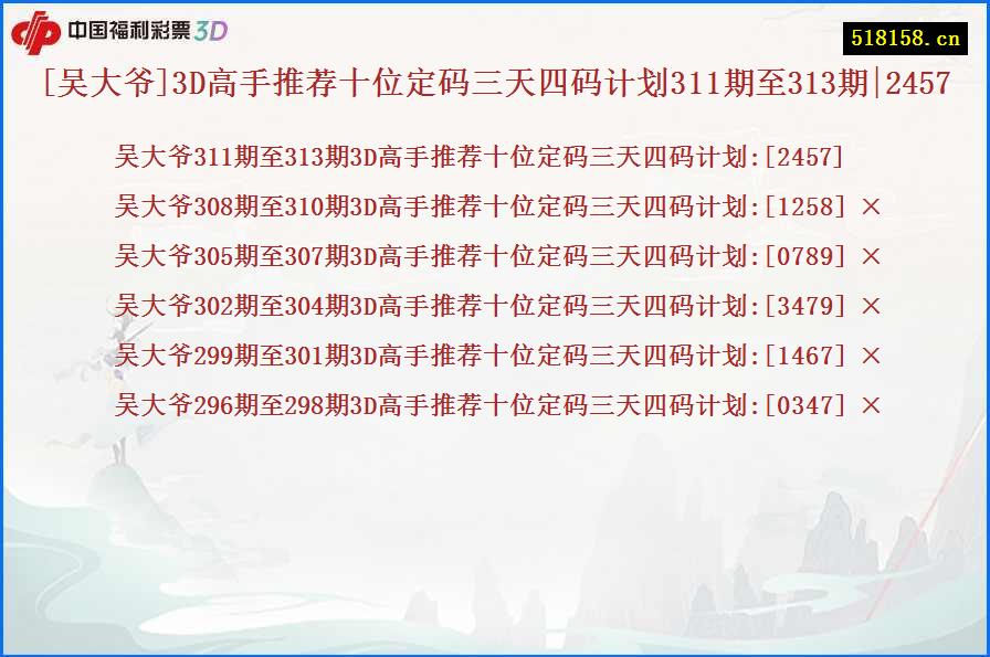 [吴大爷]3D高手推荐十位定码三天四码计划311期至313期|2457
