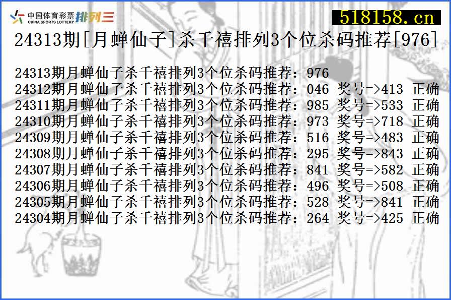 24313期[月蝉仙子]杀千禧排列3个位杀码推荐[976]