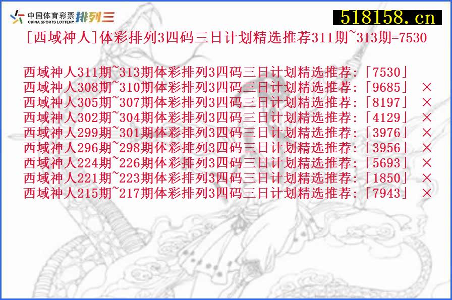 [西域神人]体彩排列3四码三日计划精选推荐311期~313期=7530