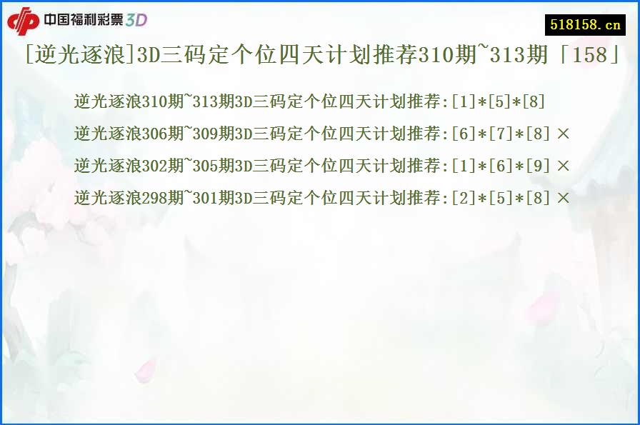 [逆光逐浪]3D三码定个位四天计划推荐310期~313期「158」