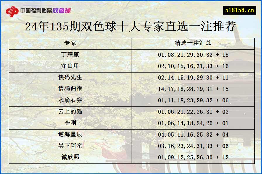 24年135期双色球十大专家直选一注推荐