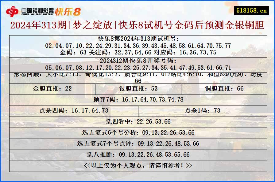 2024年313期[梦之绽放]快乐8试机号金码后预测金银铜胆