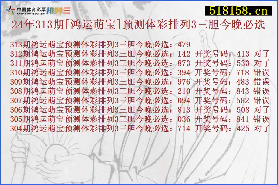 24年313期[鸿运萌宝]预测体彩排列3三胆今晚必选