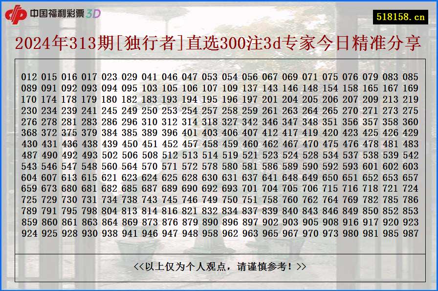 2024年313期[独行者]直选300注3d专家今日精准分享