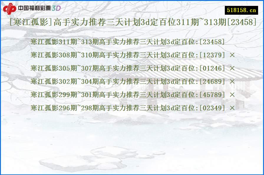 [寒江孤影]高手实力推荐三天计划3d定百位311期~313期[23458]