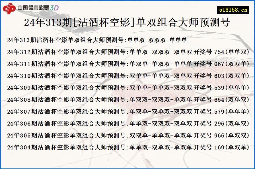 24年313期[沽酒杯空影]单双组合大师预测号