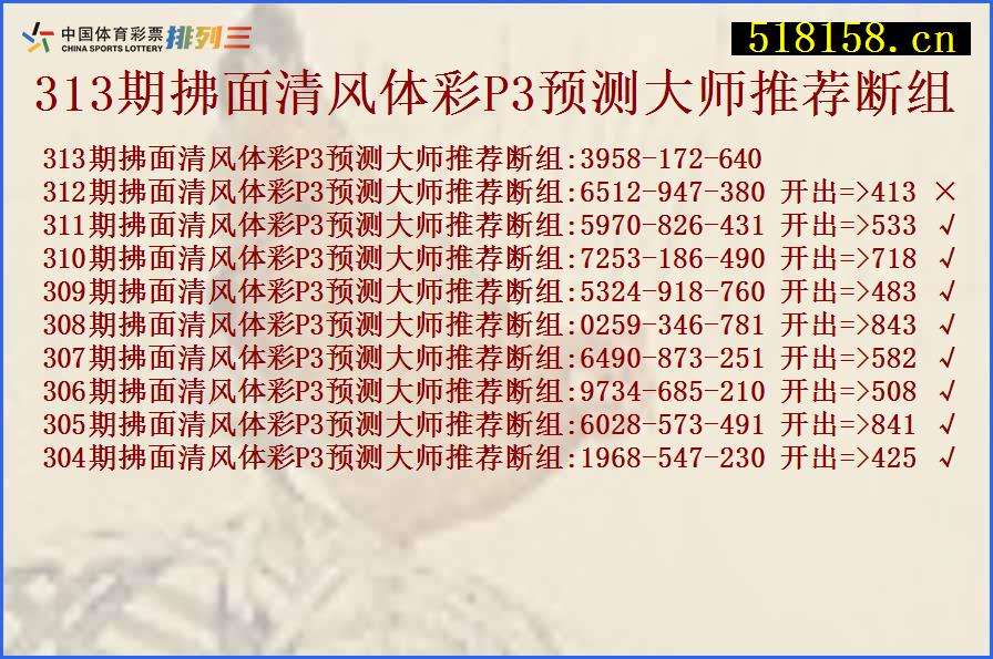 313期拂面清风体彩P3预测大师推荐断组