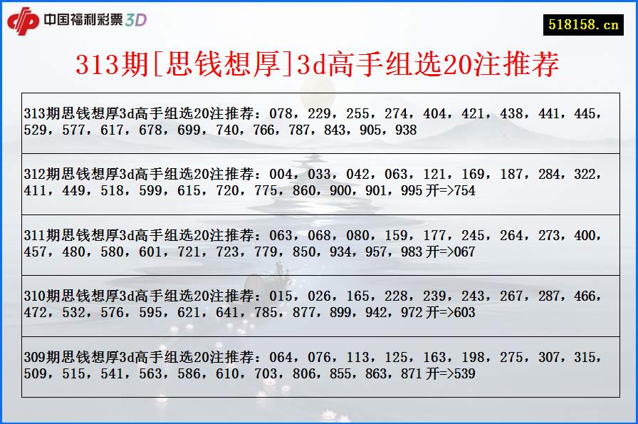 313期[思钱想厚]3d高手组选20注推荐