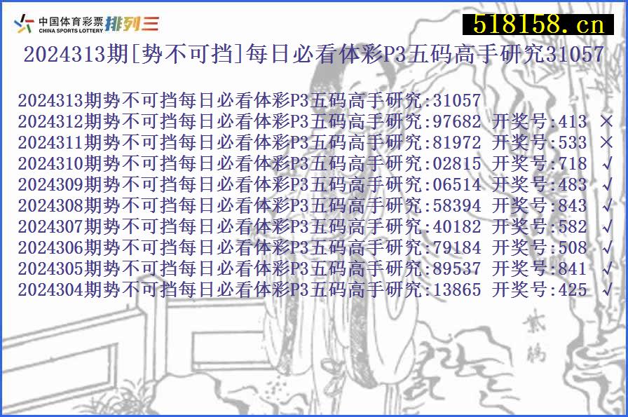 2024313期[势不可挡]每日必看体彩P3五码高手研究31057