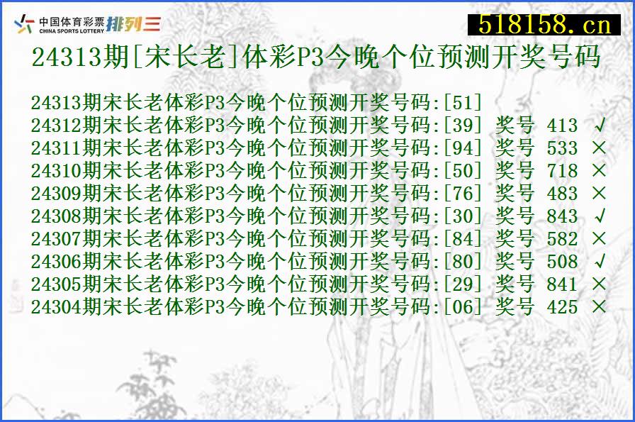 24313期[宋长老]体彩P3今晚个位预测开奖号码