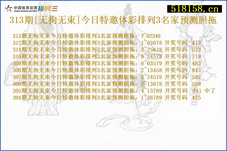 313期[无拘无束]今日特邀体彩排列3名家预测胆拖