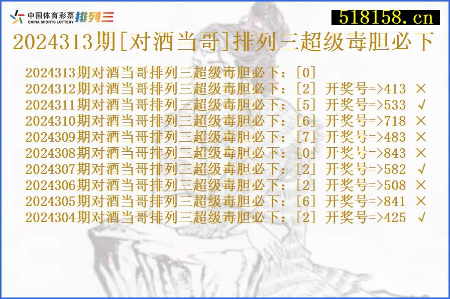 2024313期[对酒当哥]排列三超级毒胆必下