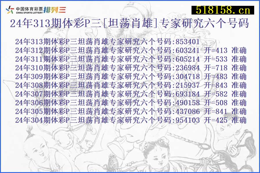 24年313期体彩P三[坦荡肖雄]专家研究六个号码