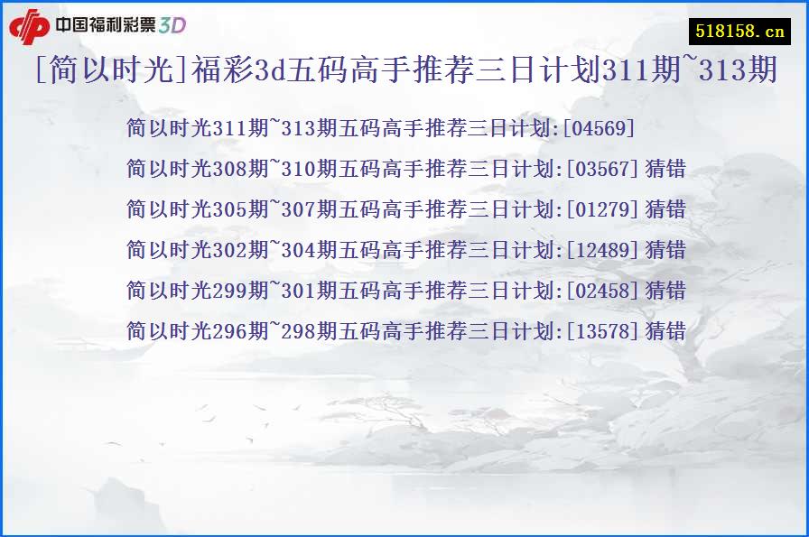 [简以时光]福彩3d五码高手推荐三日计划311期~313期