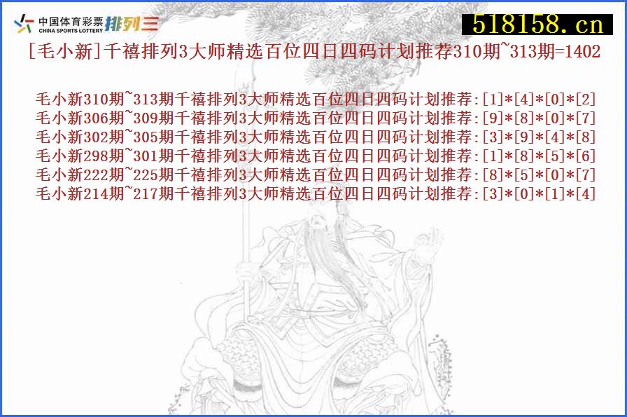 [毛小新]千禧排列3大师精选百位四日四码计划推荐310期~313期=1402