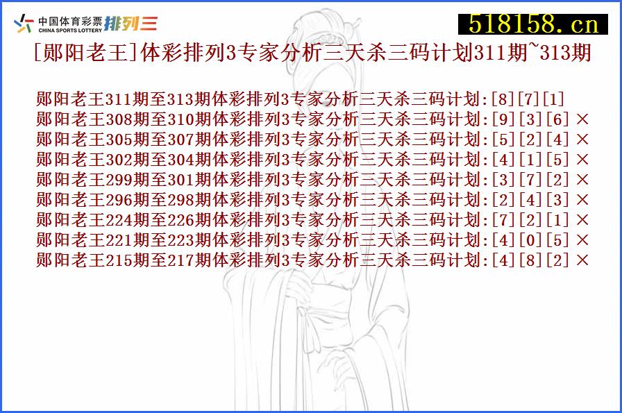 [郧阳老王]体彩排列3专家分析三天杀三码计划311期~313期