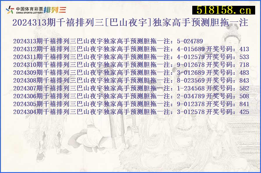 2024313期千禧排列三[巴山夜宇]独家高手预测胆拖一注