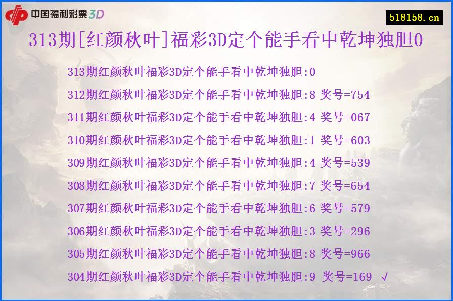 313期[红颜秋叶]福彩3D定个能手看中乾坤独胆0