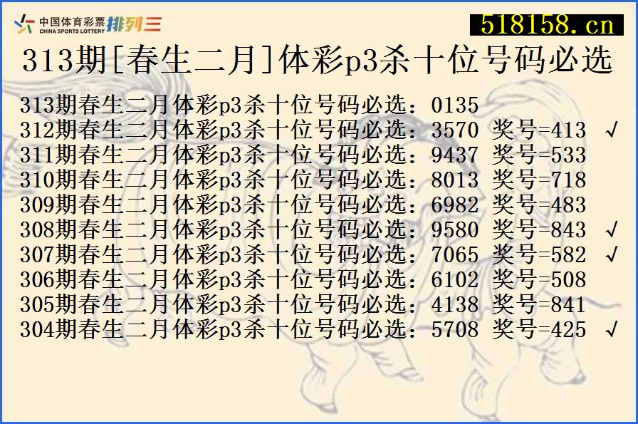 313期[春生二月]体彩p3杀十位号码必选