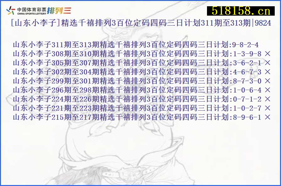 [山东小李子]精选千禧排列3百位定码四码三日计划311期至313期|9824