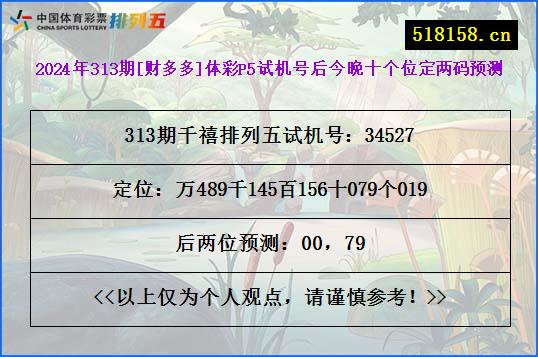 2024年313期[财多多]体彩P5试机号后今晚十个位定两码预测