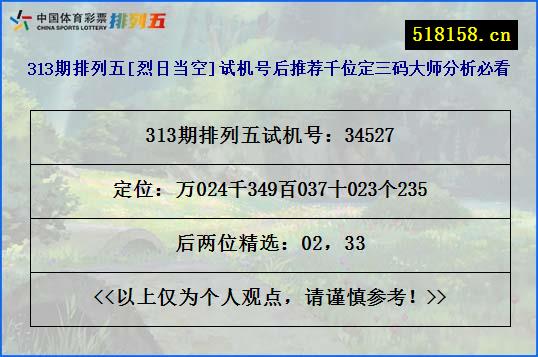 313期排列五[烈日当空]试机号后推荐千位定三码大师分析必看