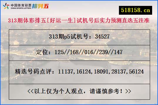 313期体彩排五[好运一生]试机号后实力预测直选五注准