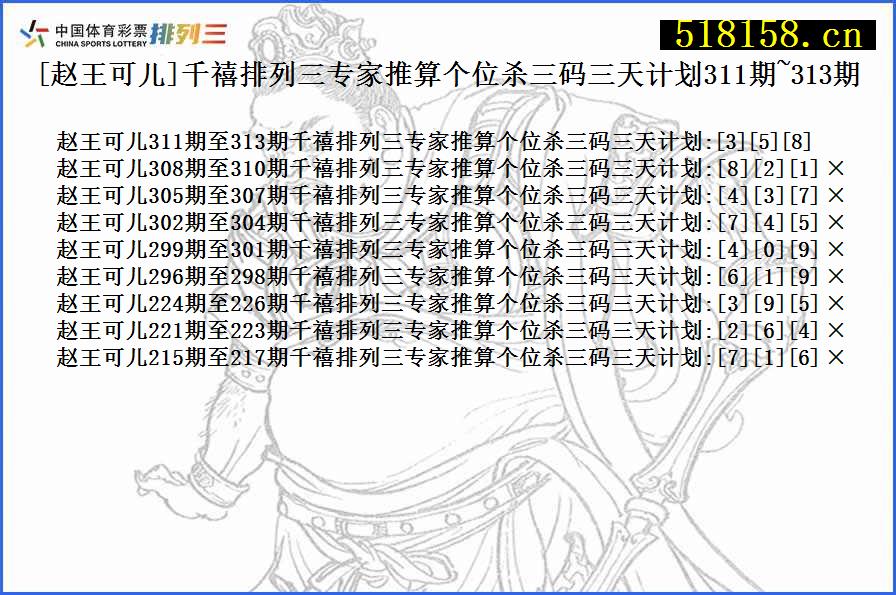 [赵王可儿]千禧排列三专家推算个位杀三码三天计划311期~313期