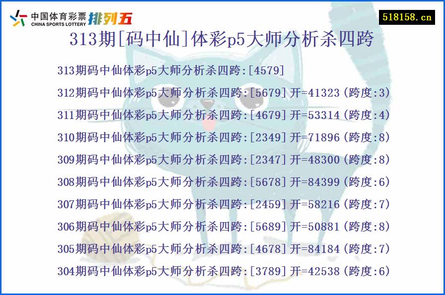 313期[码中仙]体彩p5大师分析杀四跨