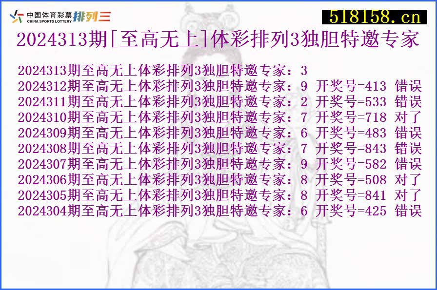 2024313期[至高无上]体彩排列3独胆特邀专家