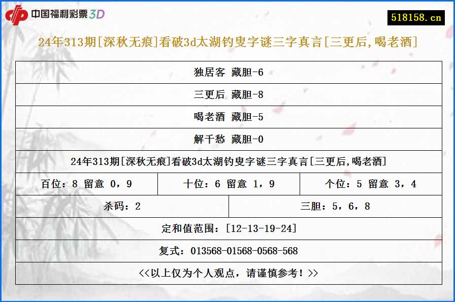 24年313期[深秋无痕]看破3d太湖钓叟字谜三字真言[三更后,喝老酒]